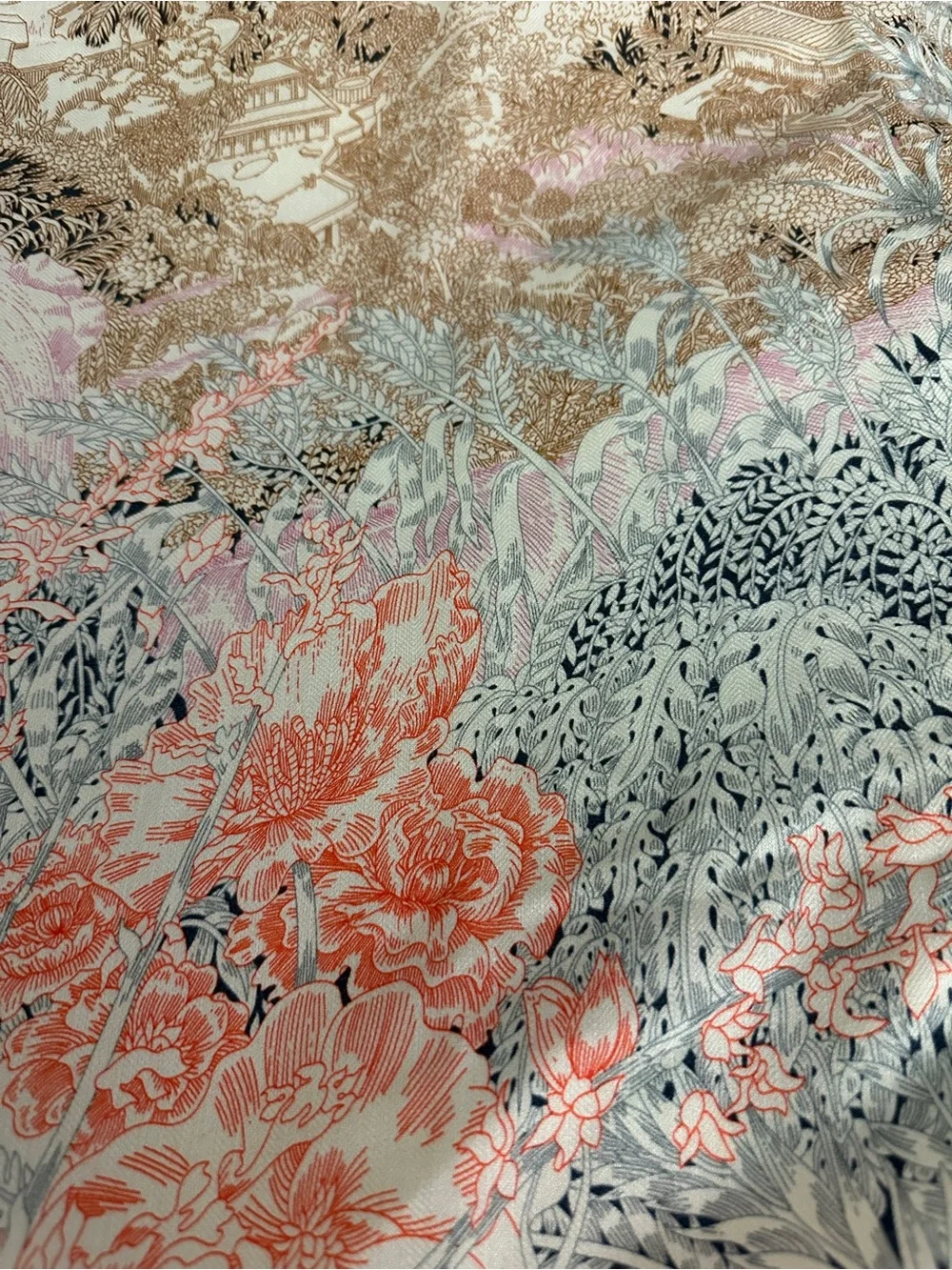 Hermes Floral Cashmere Silk Scarf in Orange, Pink, Navy, Brown - Picture 5 of 6
